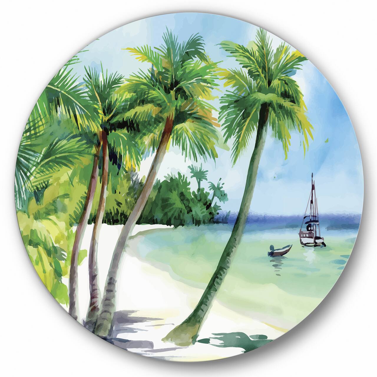 Designart - Summer Beach With Palm Trees - Nautical & Coastal Metal Circle Wall Art